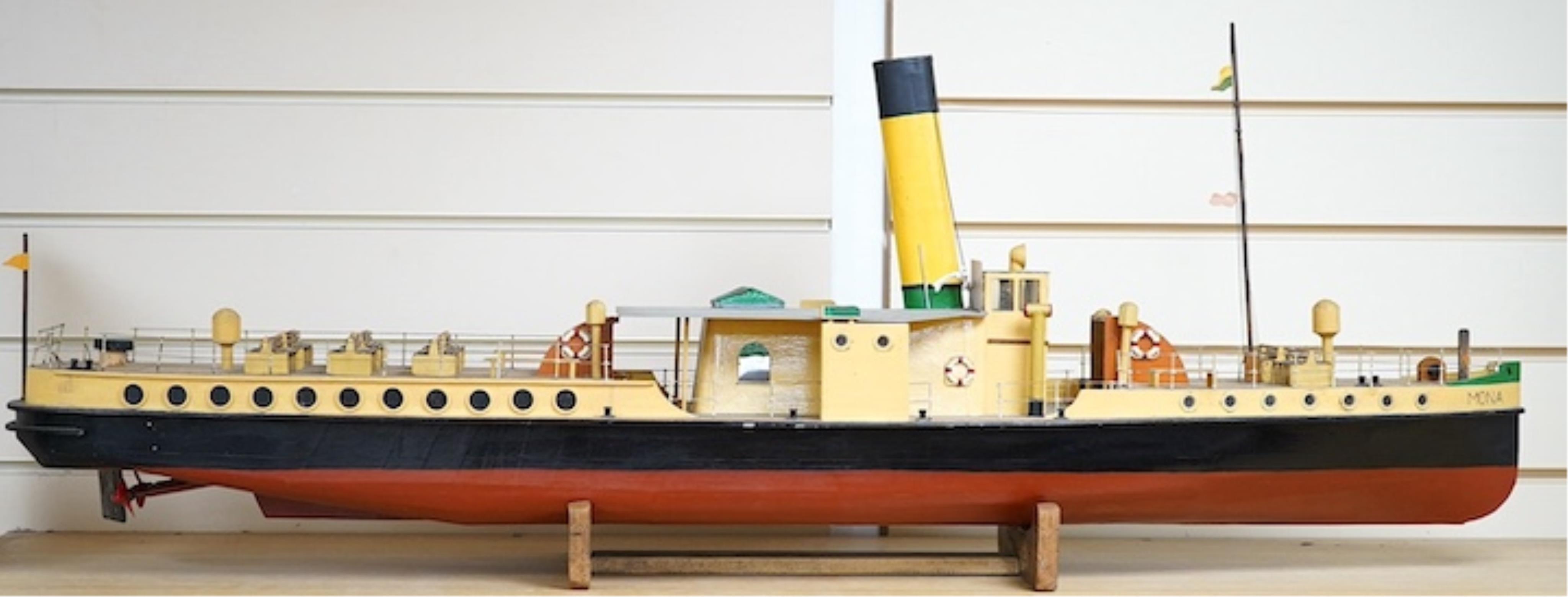 A scratch built model of an Isle of Man steam passenger ferry, 'Mona', of wood, card and plastic construction, powered by two electric motors, hull 108cm long. Condition - fair